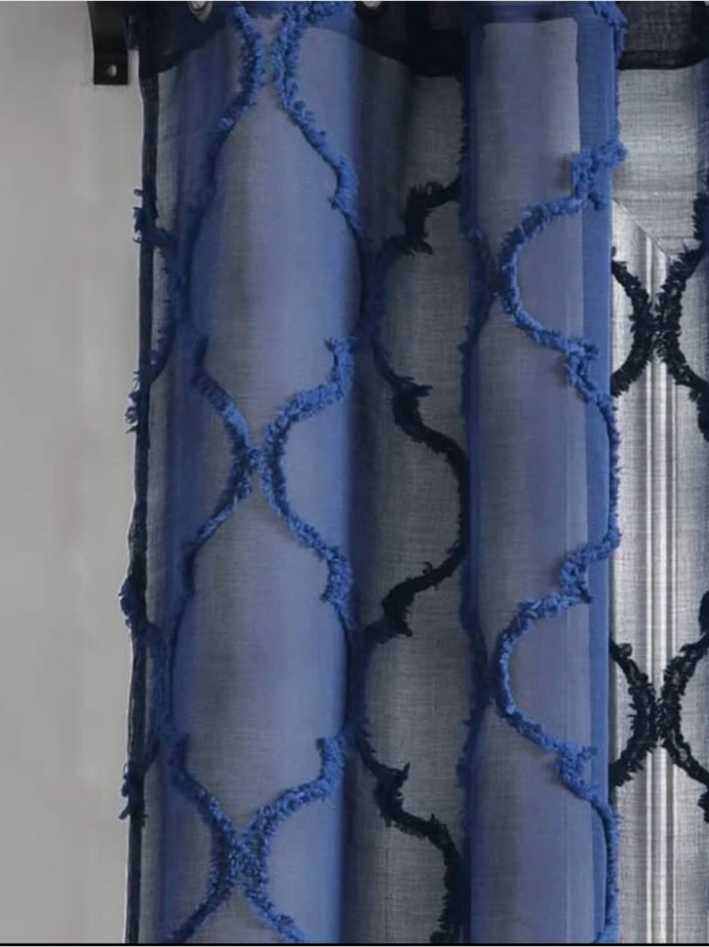 New! Elegant Blue Sheer Curtain Panel with Raised Trellis